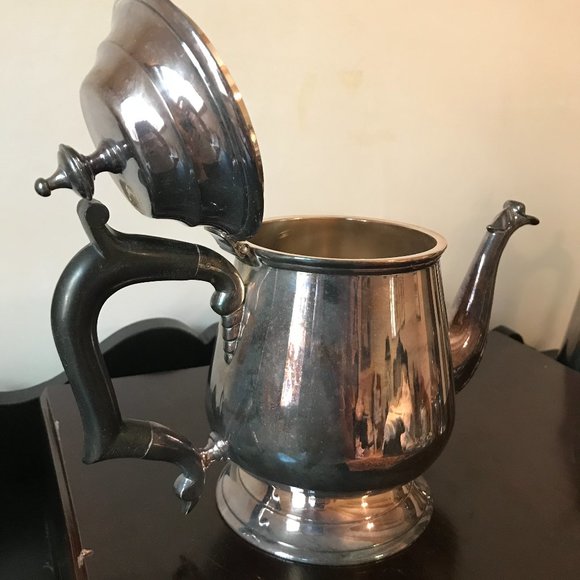 Antique Patinated Pure Silver Plated 5 Pc Tea Set w/ Black Wood Handle - Picture 9 of 15